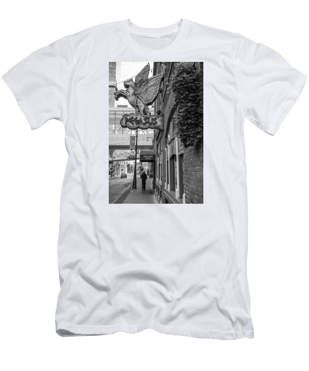 Detroit T-Shirt featuring the photograph Pegasus in Detroit Black and White by John McGraw