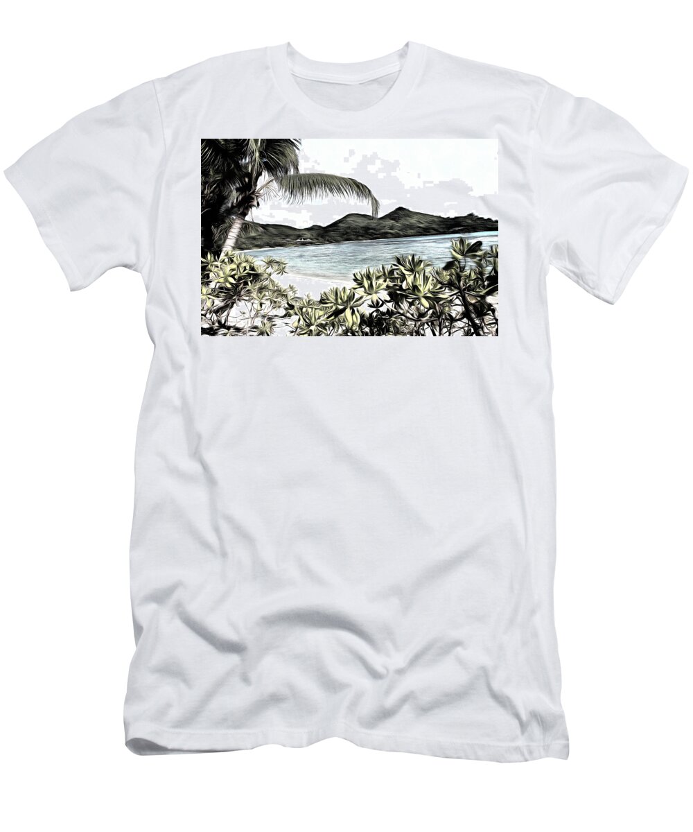 Seychelles T-Shirt featuring the photograph Pencil sketch of a lovely tropical paradise by Ashish Agarwal