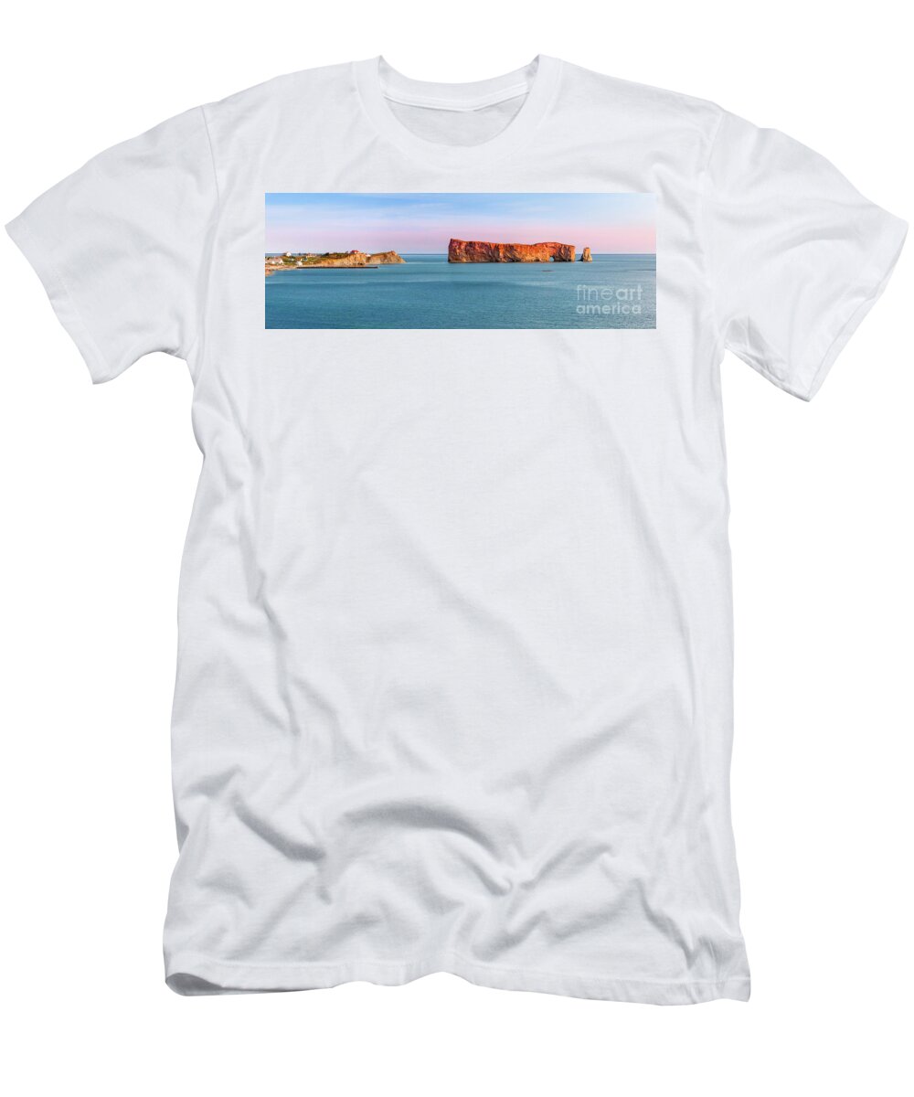 Perce Rock T-Shirt featuring the photograph Perce Rock panorama at sunset by Elena Elisseeva