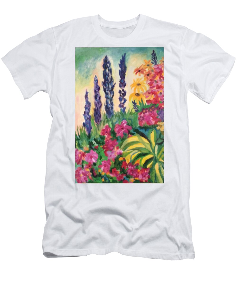 Flower Landscape T-Shirt featuring the painting Perennials by Judy Dimentberg