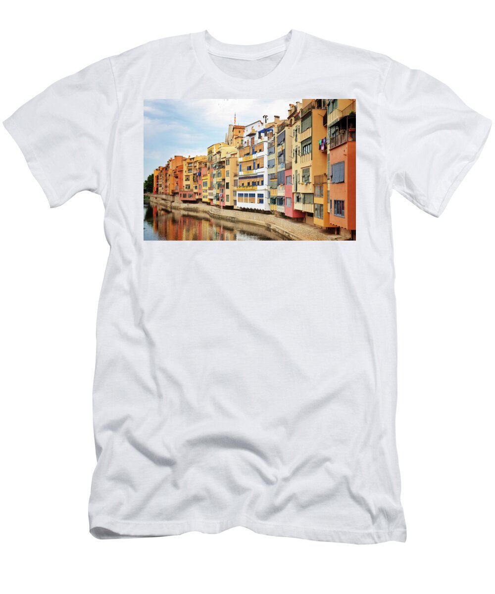 Girona T-Shirt featuring the photograph Picturesque buildings along the river in Girona, Catalonia by GoodMood Art