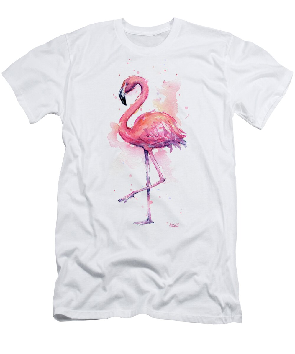 Flamingo T-Shirt featuring the painting Pink Flamingo Watercolor Tropical Bird by Olga Shvartsur