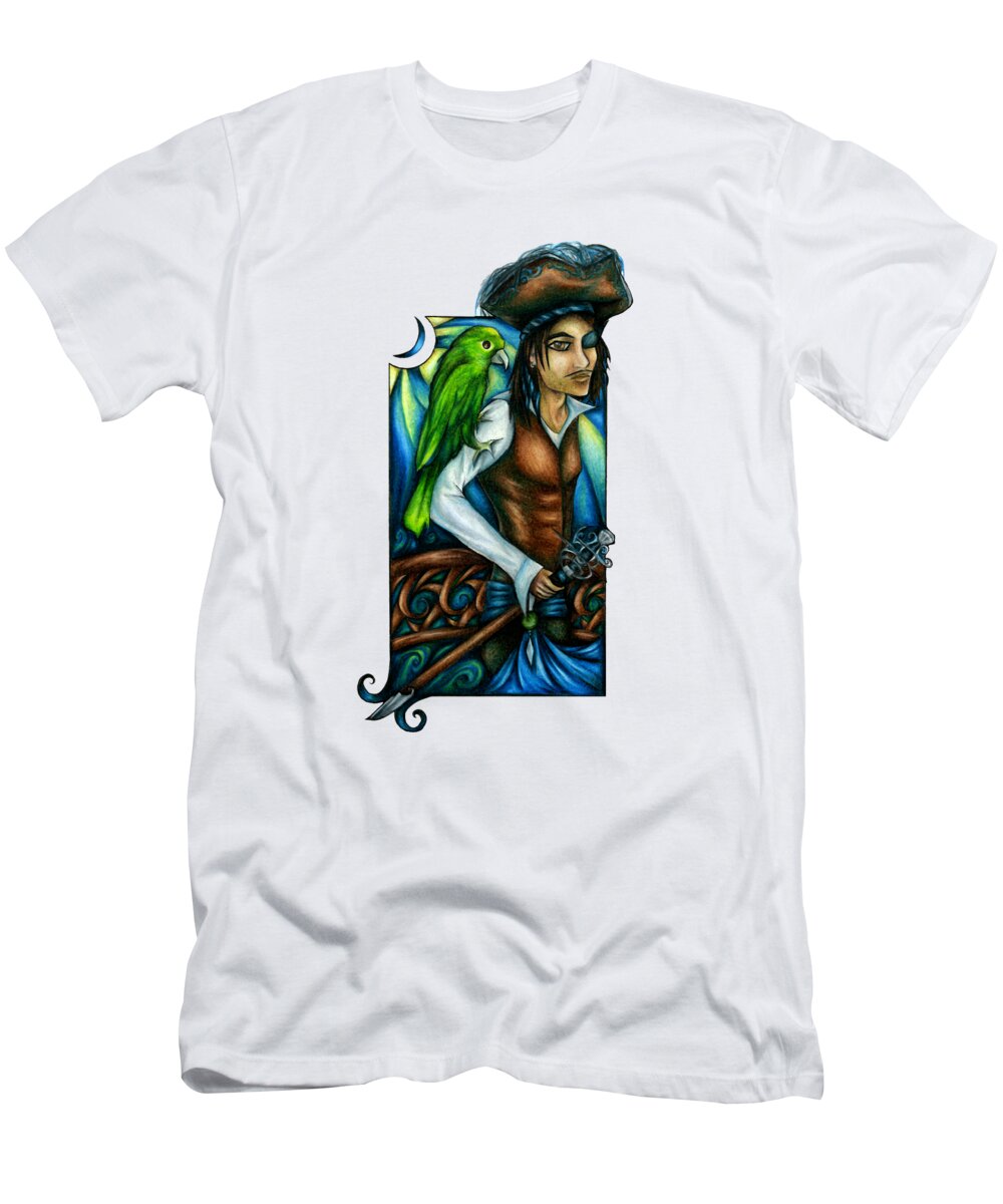 Pirate Art T-Shirt featuring the drawing Pirate With Parrot Art by Kristin Aquariann