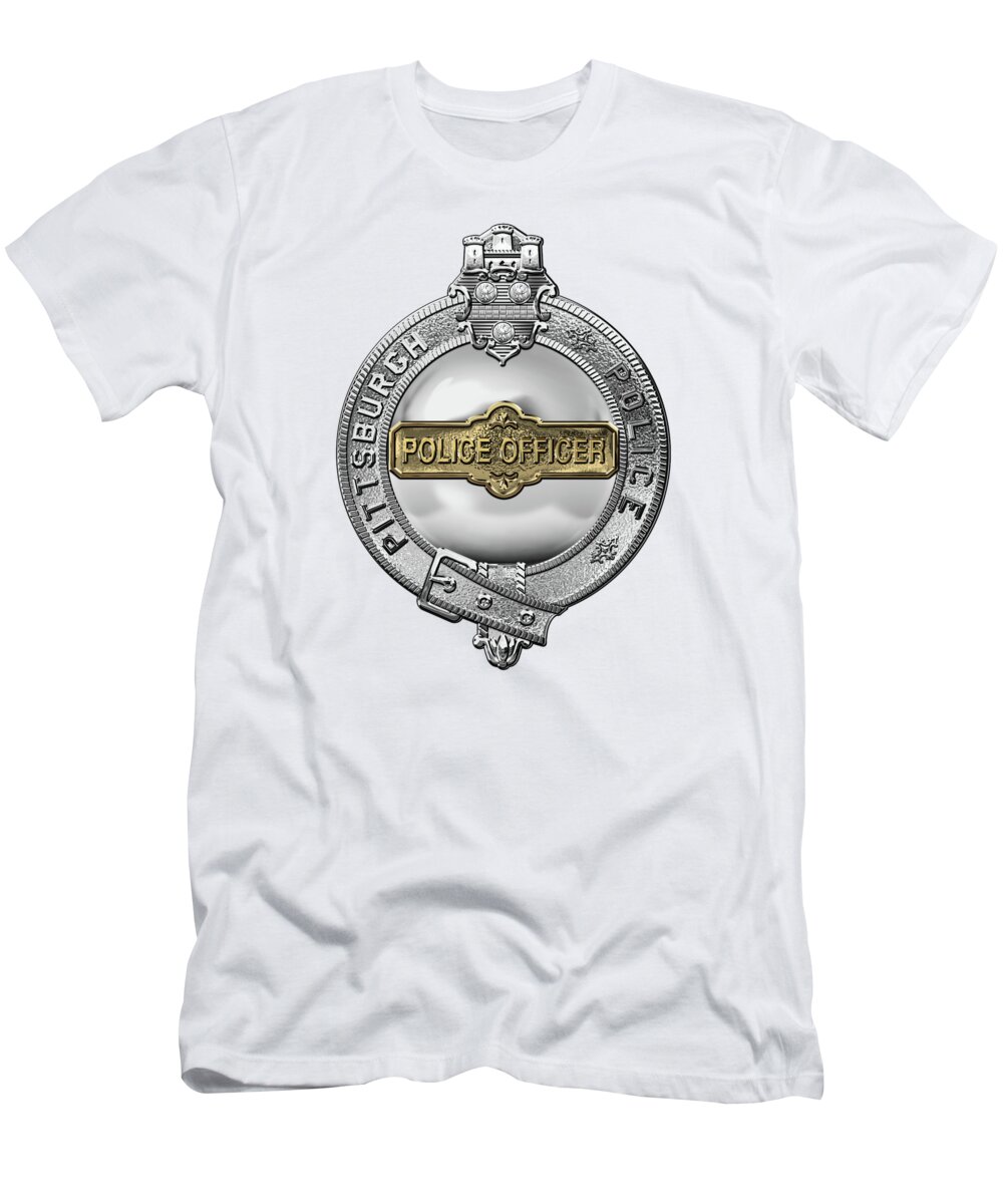 'law Enforcement Insignia & Heraldry' Collection By Serge Averbukh T-Shirt featuring the digital art Pittsburgh Bureau of Police - P B P Police Officer Badge over White Leather by Serge Averbukh