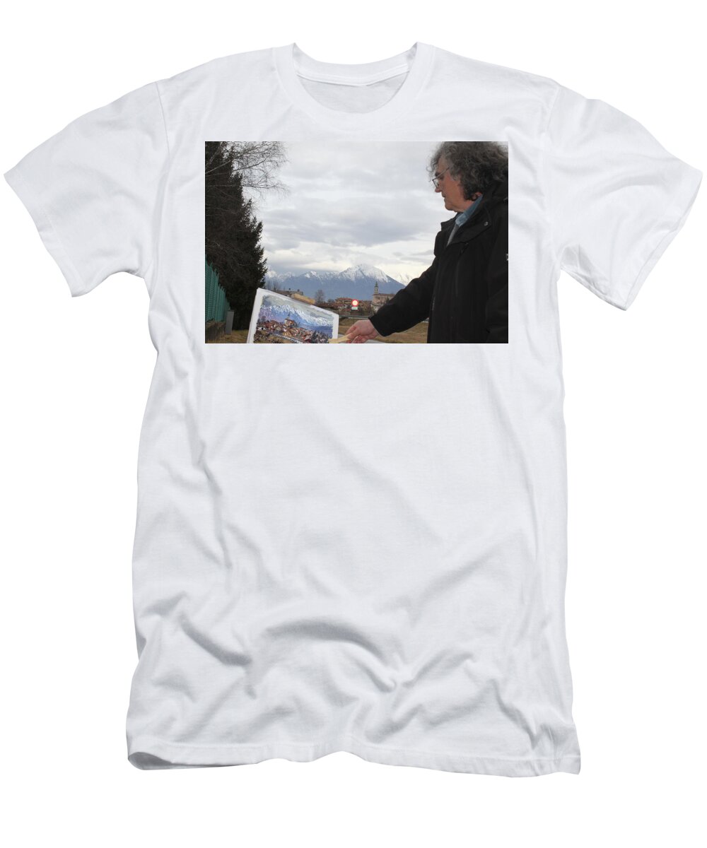  T-Shirt featuring the painting Plein Air in Limano, Belluno, Italy by Ylli Haruni