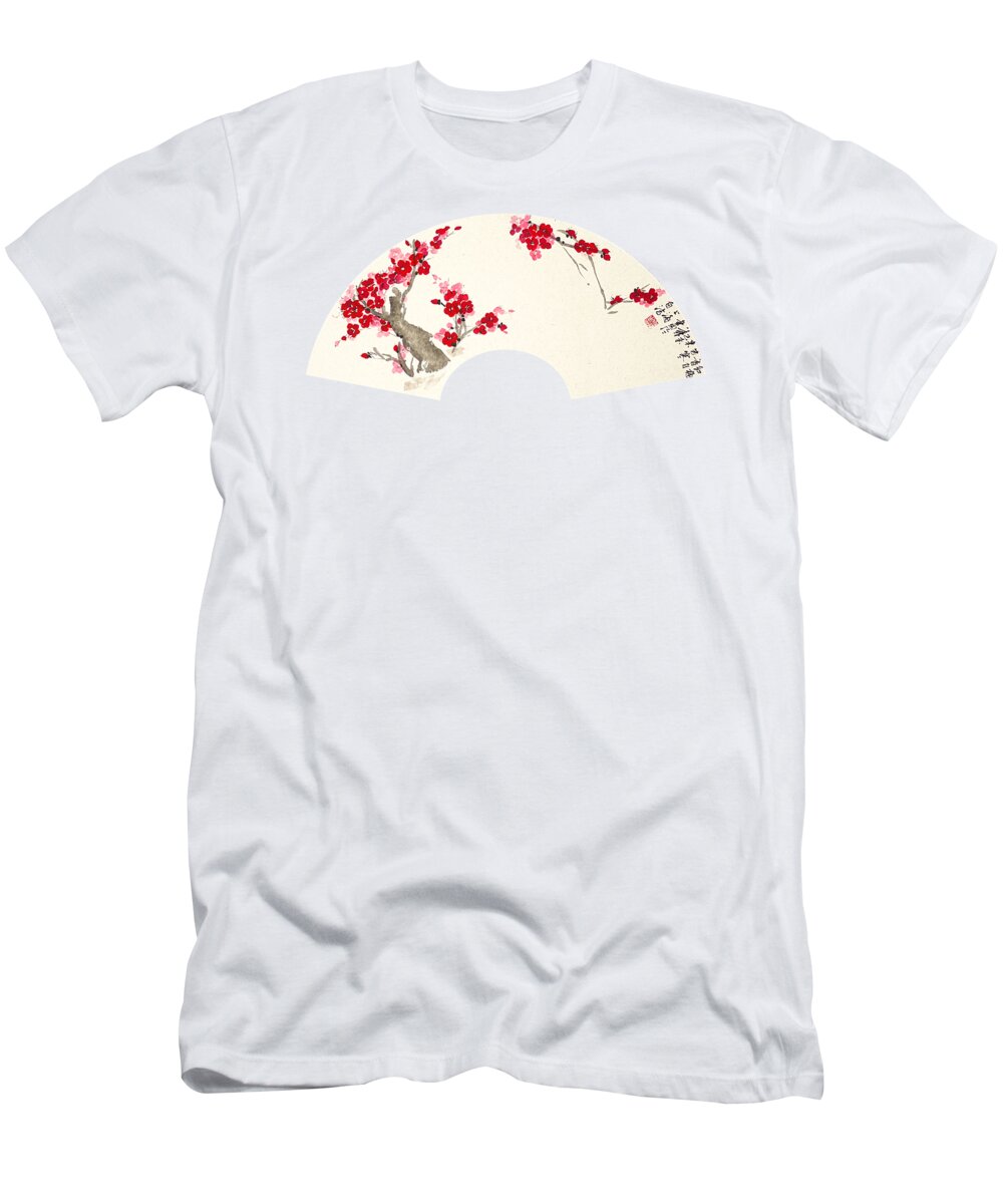 White T-Shirt featuring the painting Plum Blossom in Fan - transparent by Birgit Moldenhauer