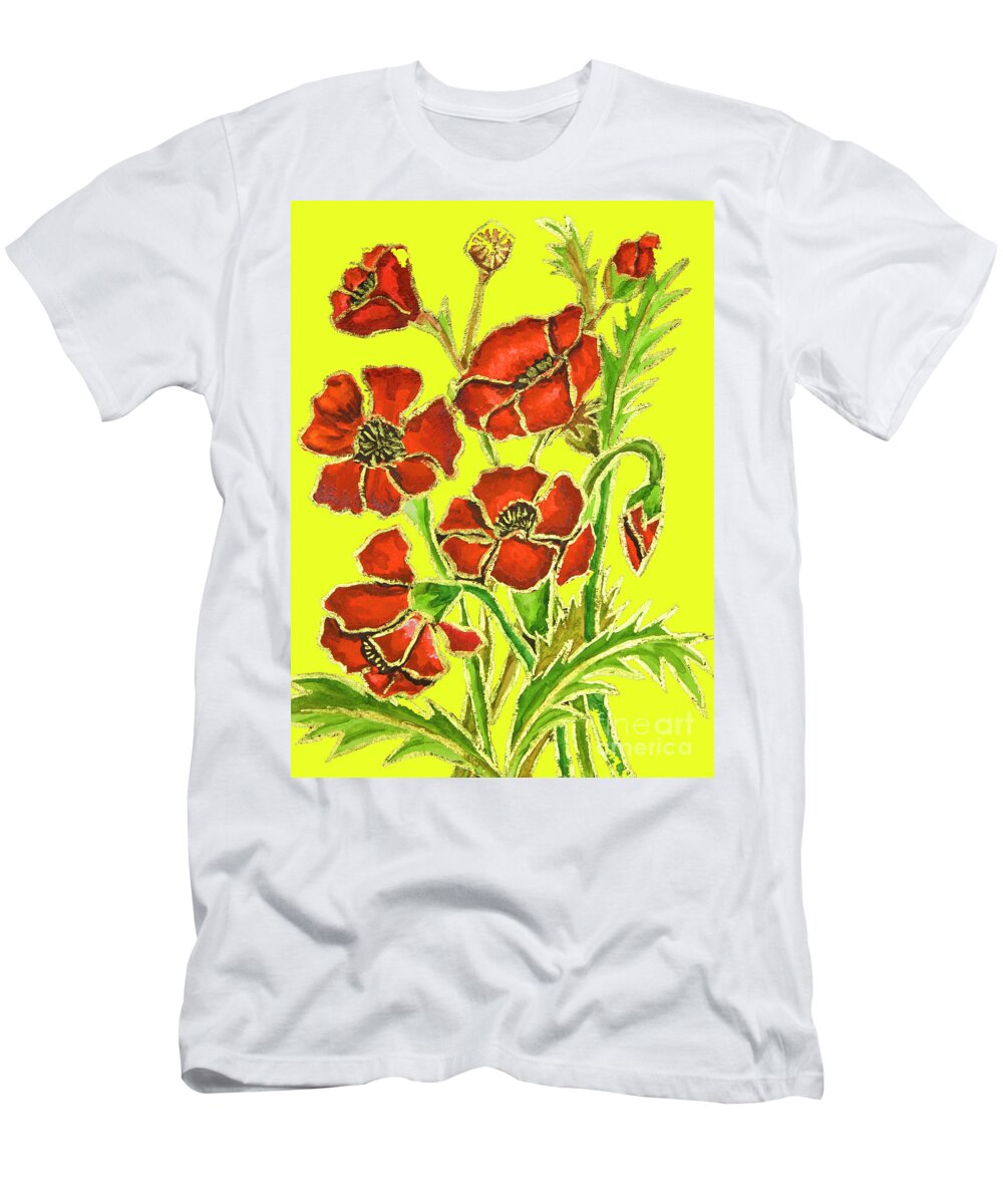 Poppy T-Shirt featuring the painting Poppies on yellow background, painting by Irina Afonskaya