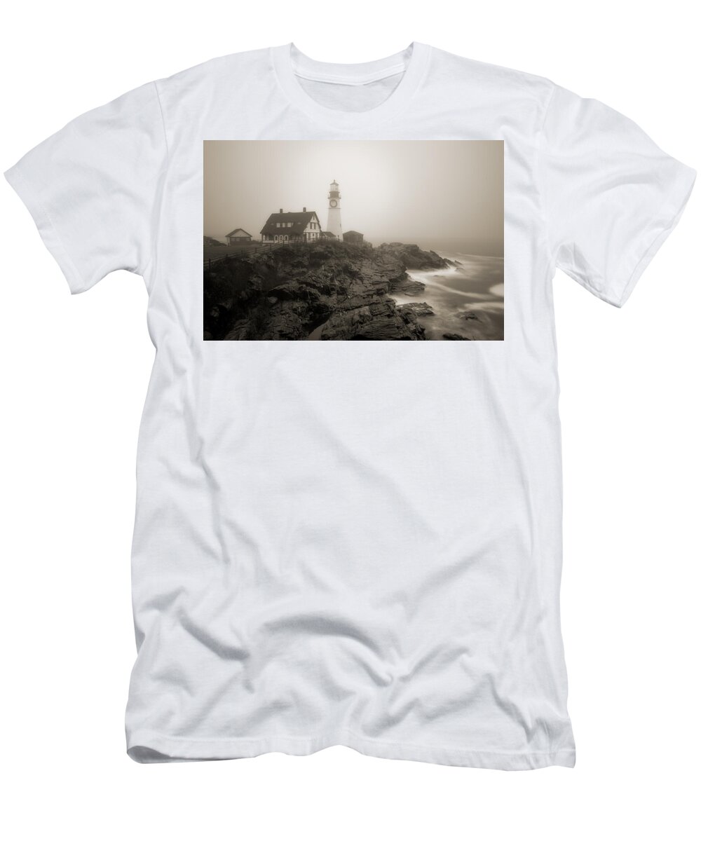 Lighthouse T-Shirt featuring the photograph Portland Head Lighthouse in fog sepia by David Smith