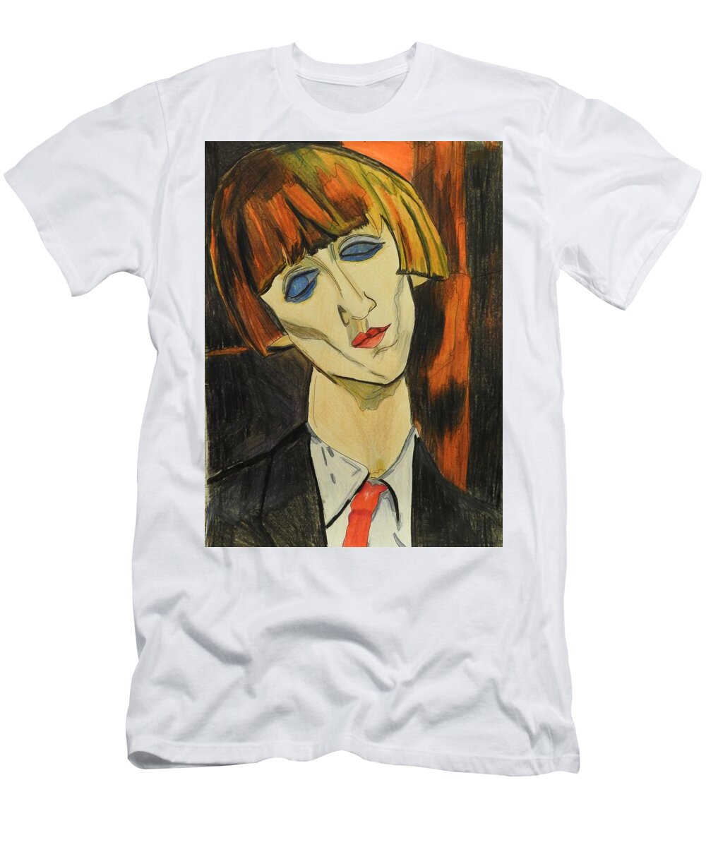 Modigliani T-Shirt featuring the mixed media Portrait of Madame Kisling After Amadeo Modigliani by Betty-Anne McDonald