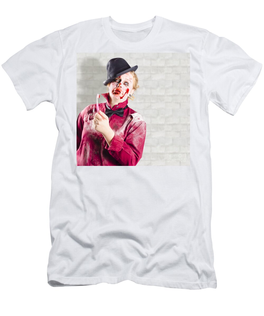 Cavity T-Shirt featuring the photograph Possessed girl with bloody toothbrush. Gum disease by Jorgo Photography