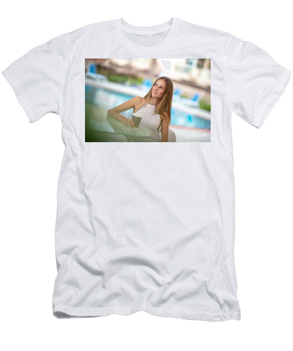 Adult T-Shirt featuring the photograph Pretty girl in outdoors cafe by Anna Om
