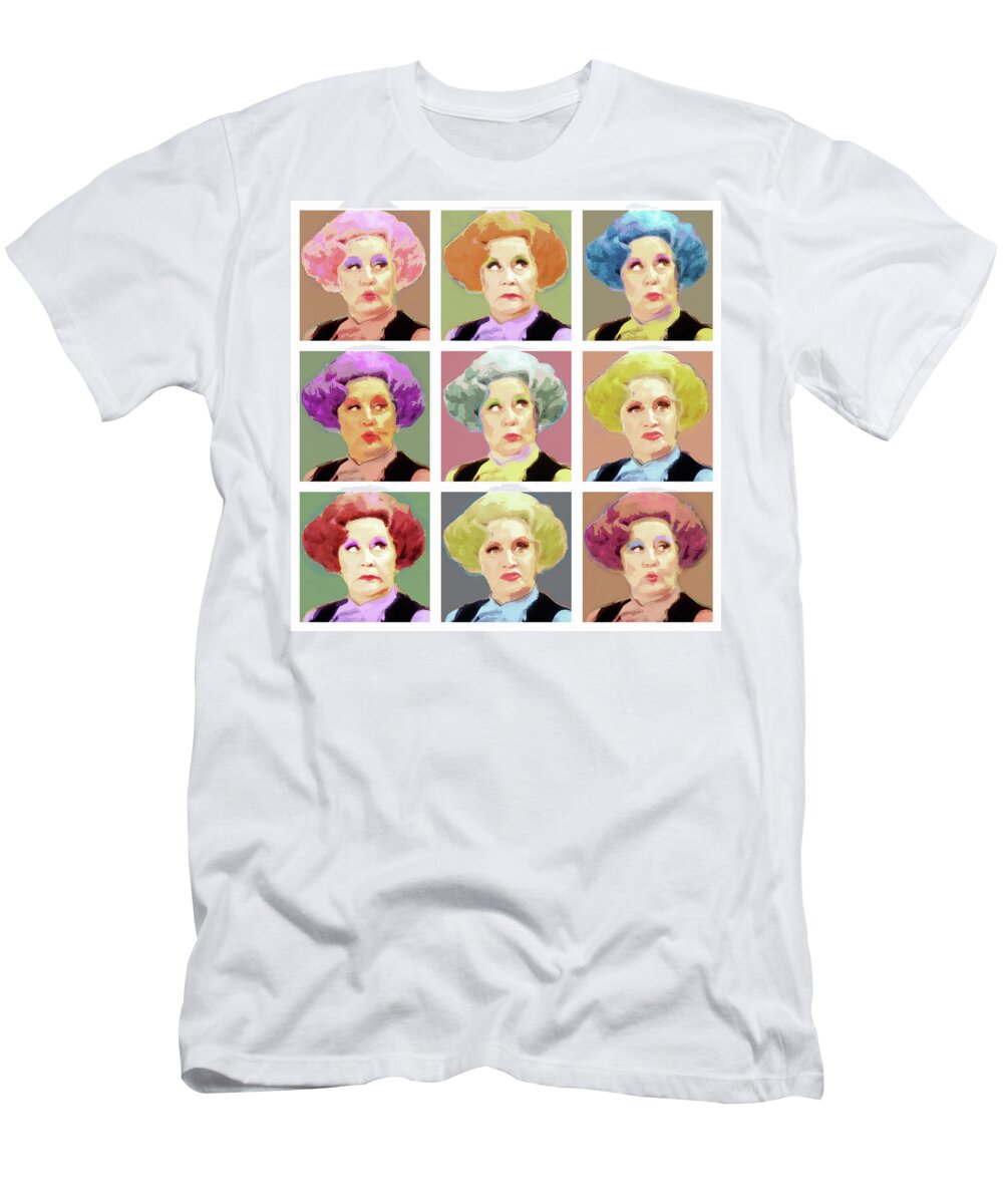 Celebrities T-Shirt featuring the digital art Pussy Galore - Nine Lives - Mollie Sugden Portrait, Are You Being Served? by Big Fat Arts