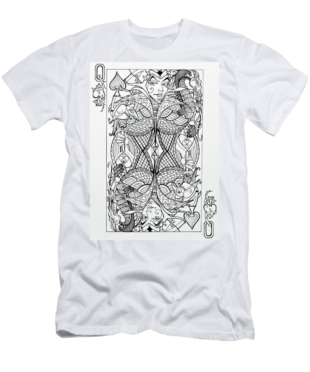 Queen Of Spades T-Shirt featuring the drawing Queen Of Spades by Jani Freimann