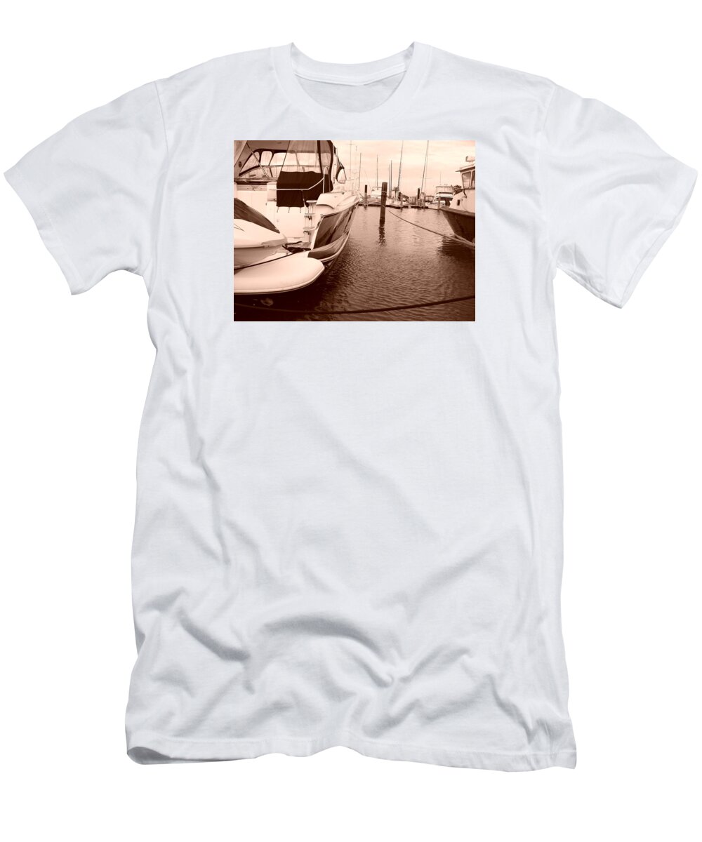 Boats T-Shirt featuring the photograph Quiet Marina by Laurette Escobar