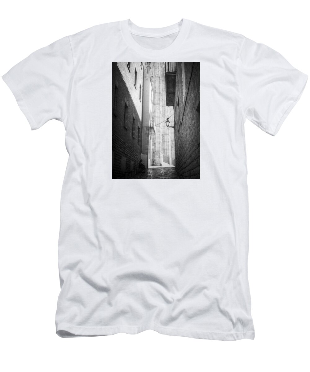 Barcelona T-Shirt featuring the photograph Quiet Moment Near Barcelona Cathedral, b/w by Valerie Reeves