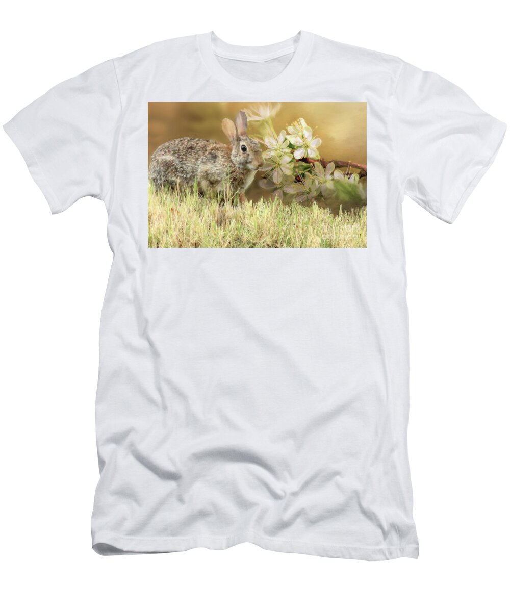 Rabbit T-Shirt featuring the digital art Eastern Cottontail Rabbit in Grass by Janette Boyd