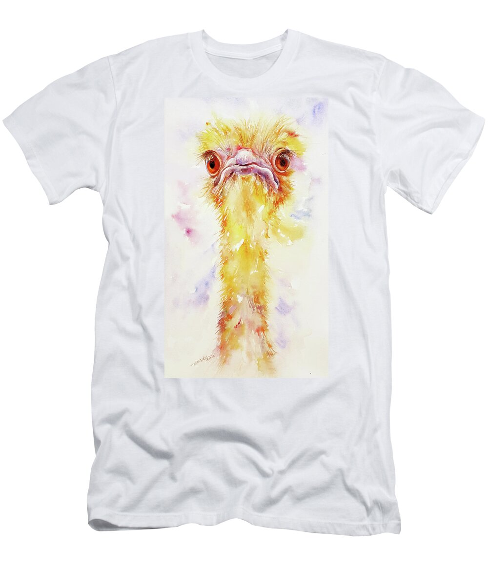 Ostrich T-Shirt featuring the painting Rachel the Yellow Ostrich by Arti Chauhan