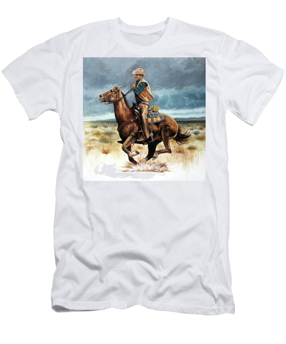 Cowboy Storm Horse Western T-Shirt featuring the painting Racing the Storm by Murry Whiteman