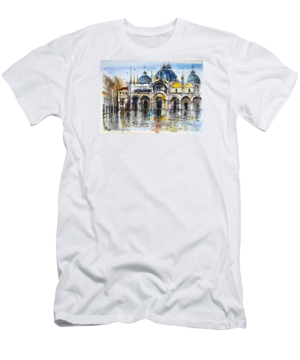 Venice T-Shirt featuring the painting Rain in St. Mark's Square by Lorand Sipos