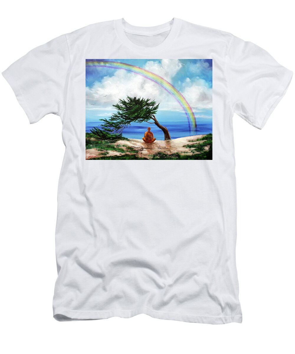 Buddha T-Shirt featuring the painting Rainbow of Hope by Laura Iverson