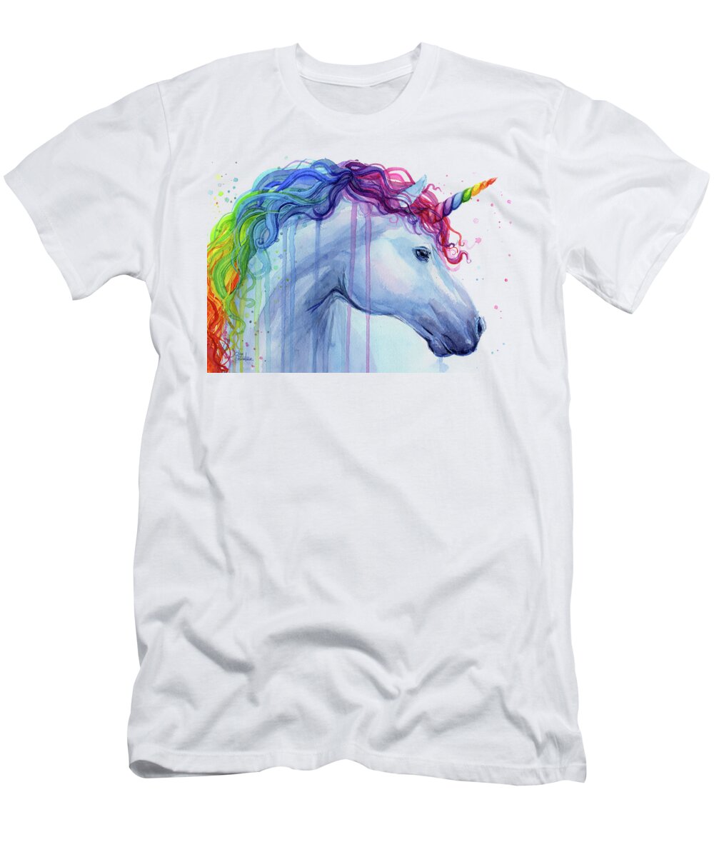 Unicorn T-Shirt featuring the painting Rainbow Unicorn Watercolor by Olga Shvartsur