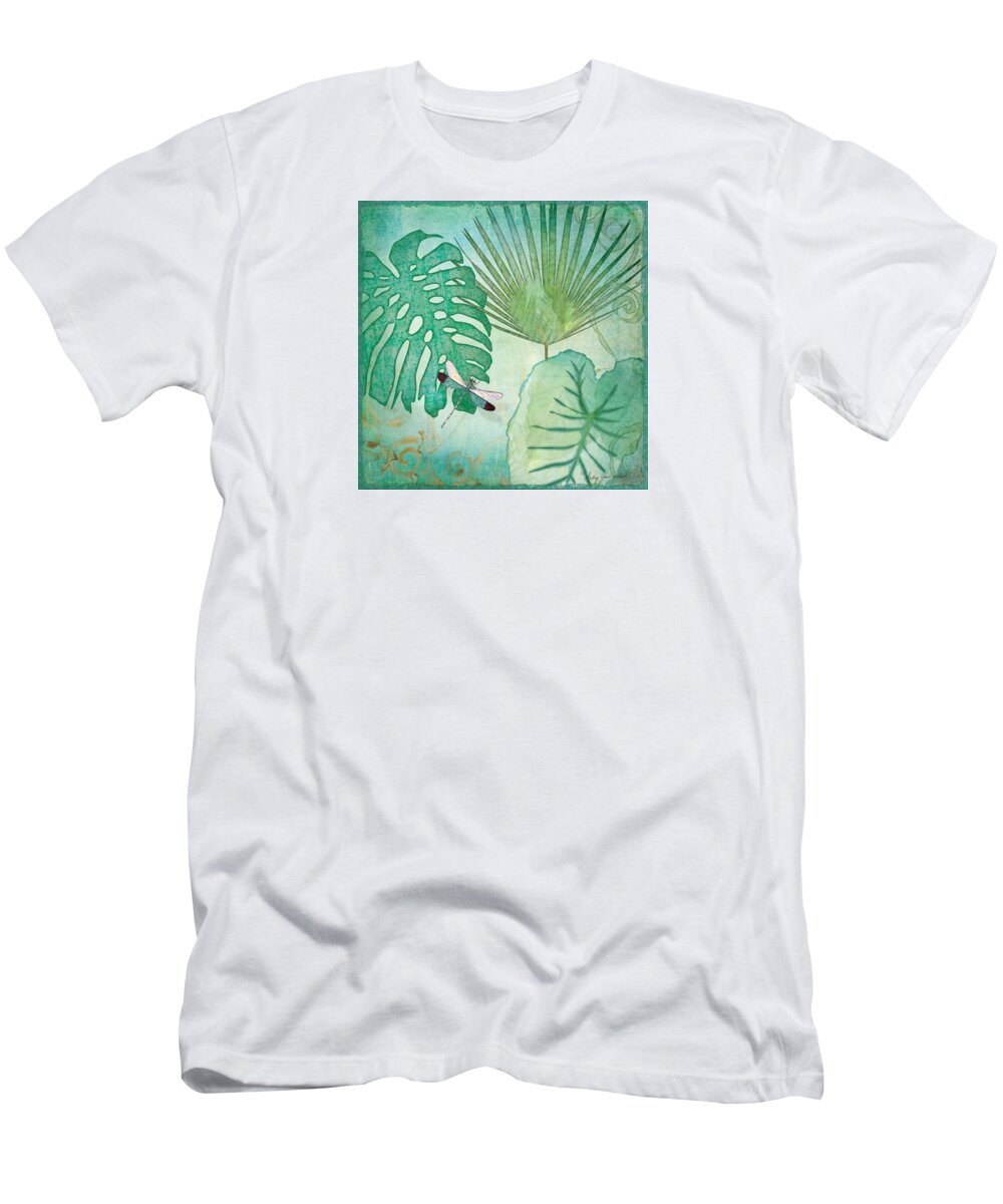 Jungle T-Shirt featuring the painting Rainforest Tropical - Philodendron Elephant Ear and Palm Leaves w Botanical Dragonfly 2 by Audrey Jeanne Roberts