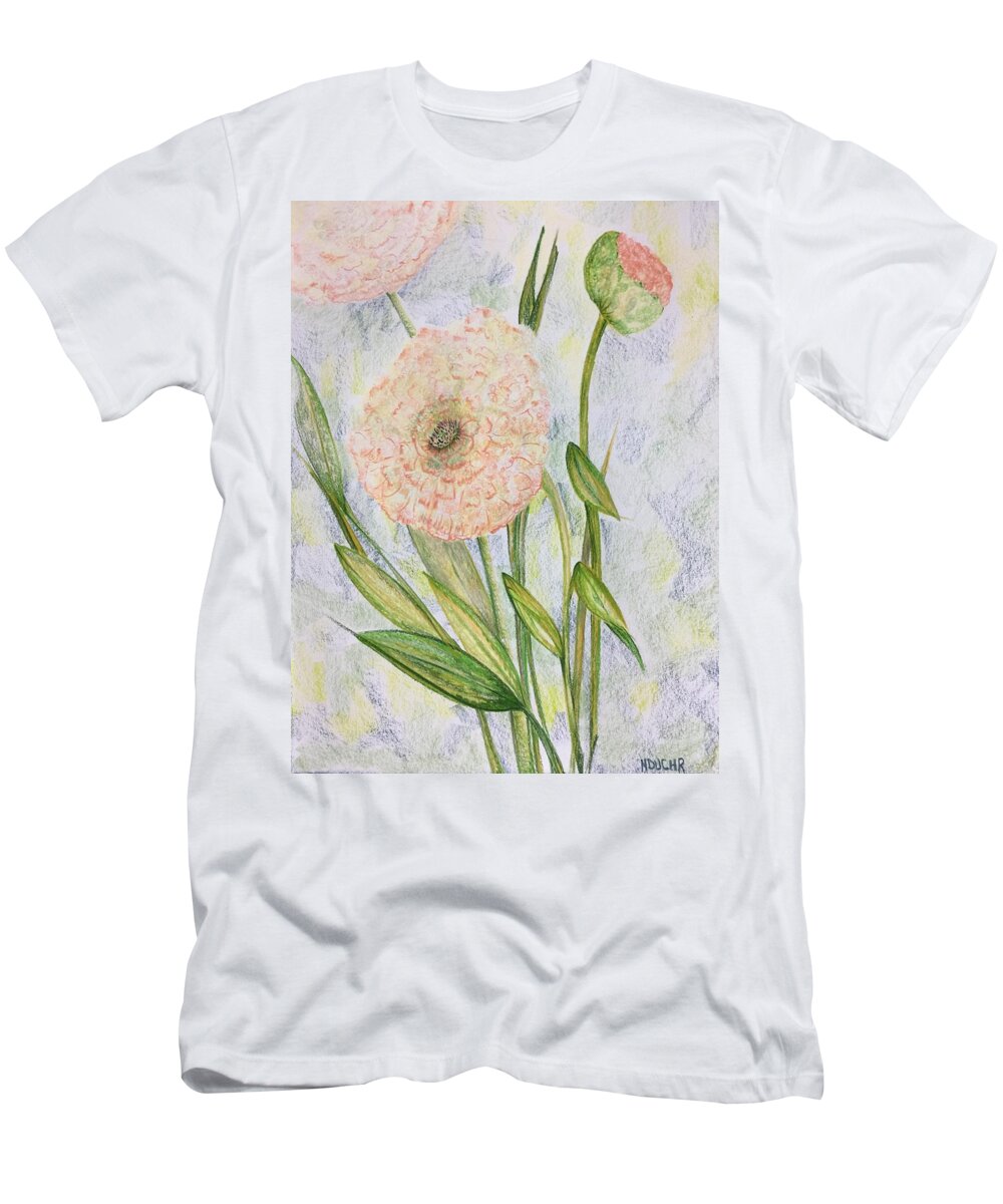 Flower T-Shirt featuring the drawing Ranunculus by Norma Duch
