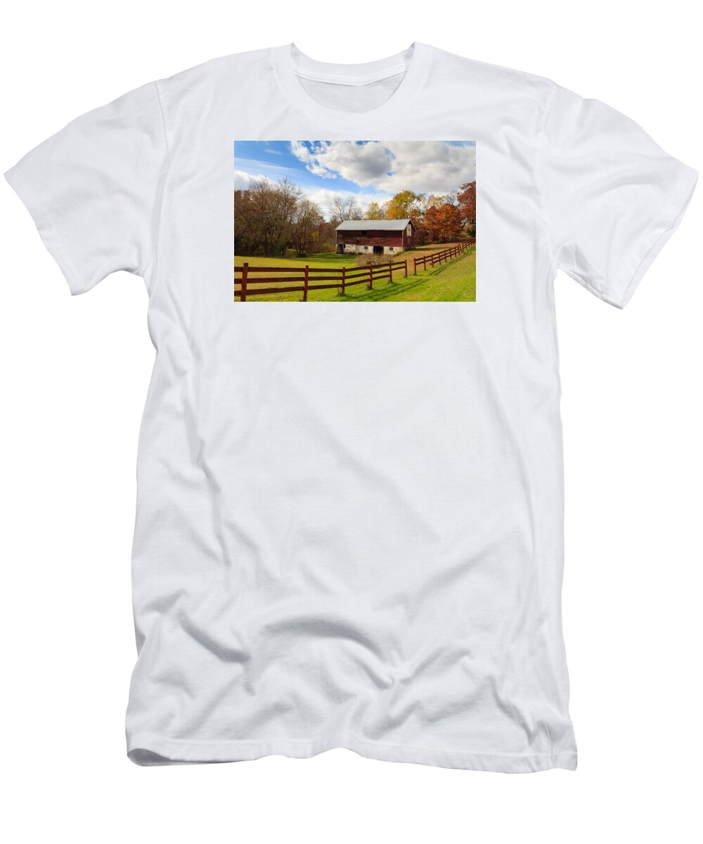Fence T-Shirt featuring the photograph Red Barn on a Fall Day by Joni Eskridge