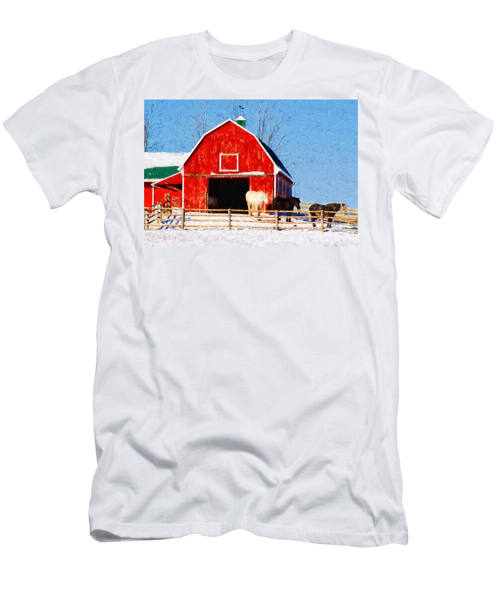 Red T-Shirt featuring the photograph Red Barn With Horses - V2 by Les Palenik