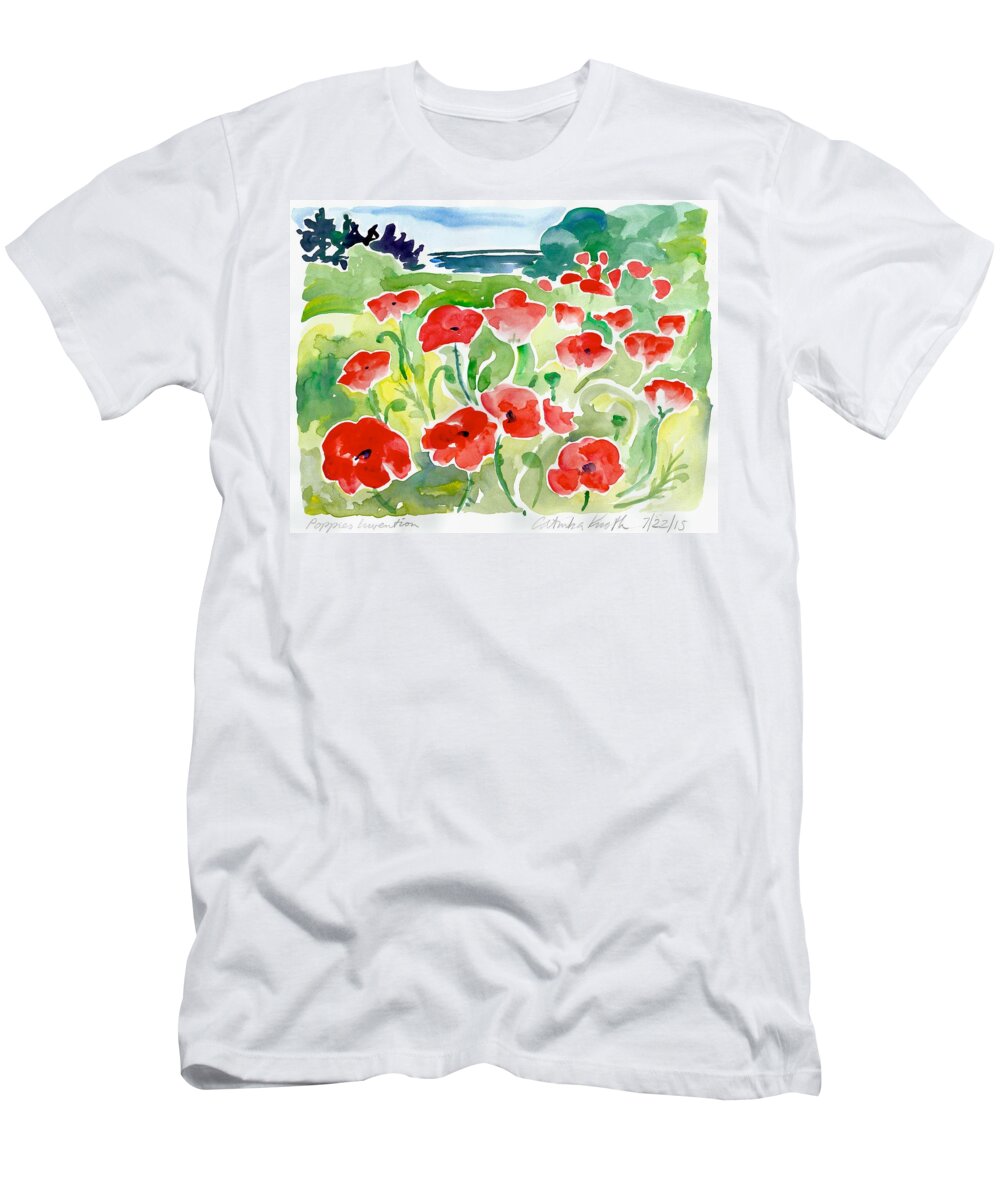  T-Shirt featuring the painting Red poppies coastal scene watercolor by Catinka Knoth