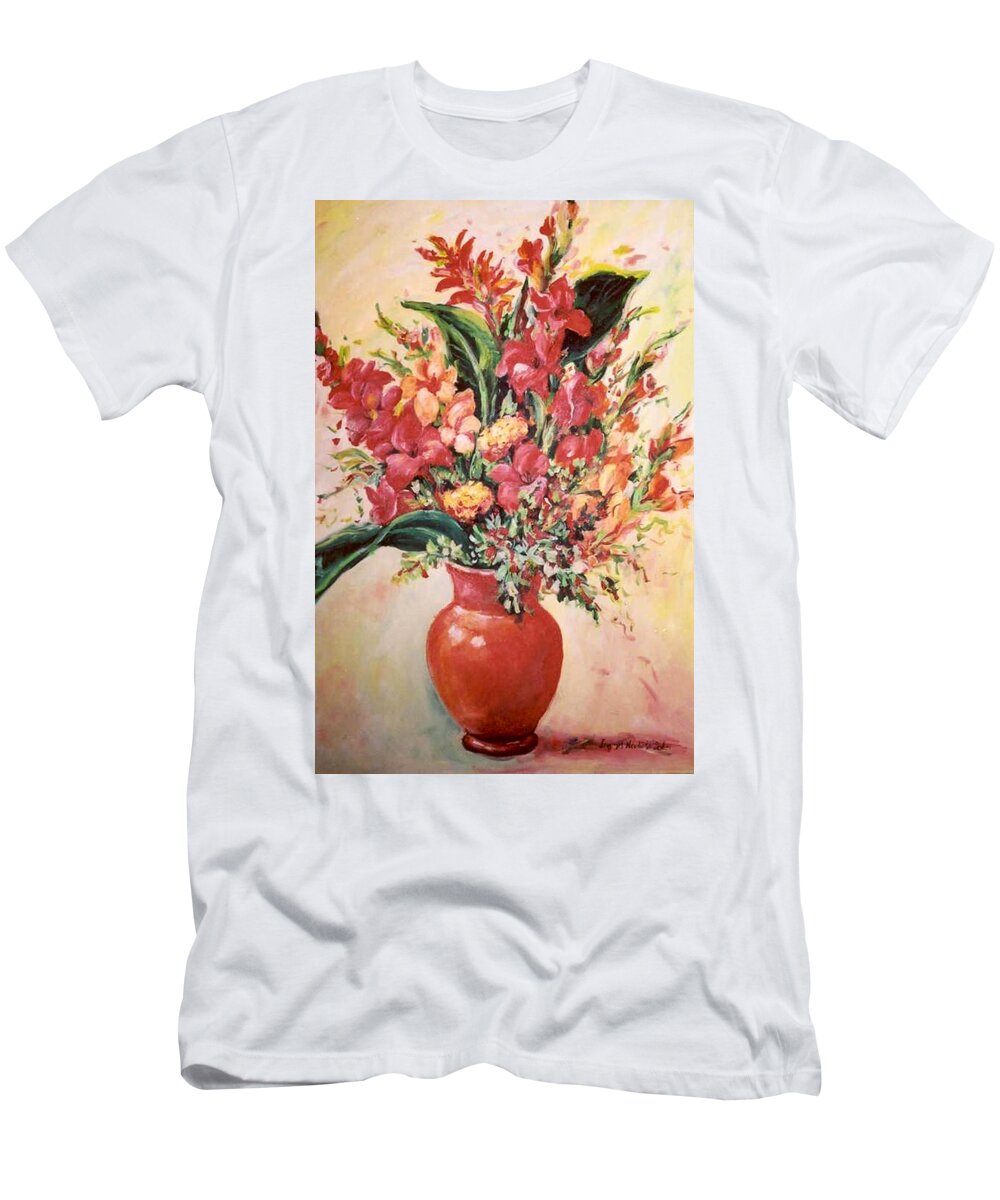 Ingrid Dohm T-Shirt featuring the painting Red Vase by Ingrid Dohm