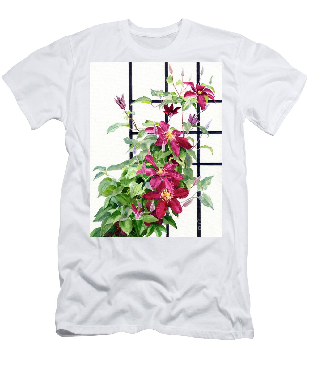 Clematis T-Shirt featuring the painting Red Violet Clematis on a Trellis by Sharon Freeman