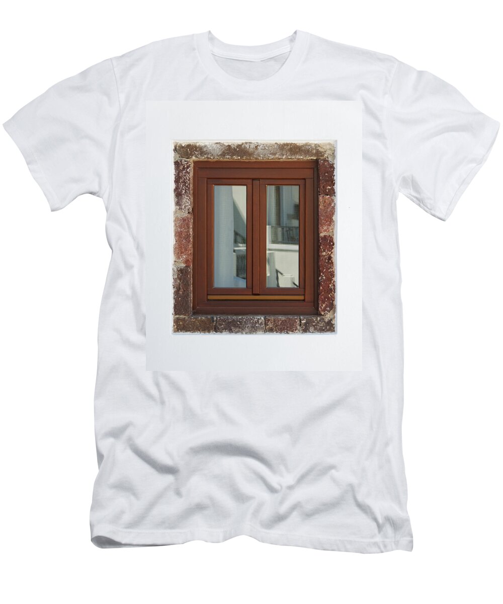 Darin Volpe Architecture T-Shirt featuring the photograph Reflecting on Santorini -- Window With Reflection on Santorini, Greece by Darin Volpe