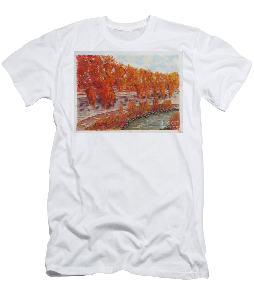 River T-Shirt featuring the pastel River Tiber in Fall by Laurie Morgan