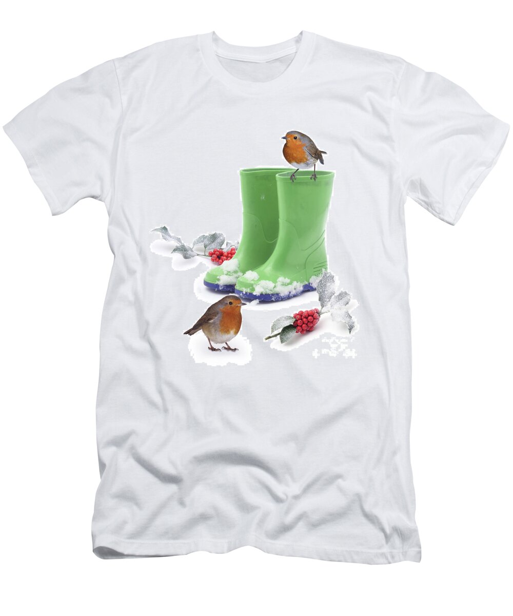 Robins T-Shirt featuring the photograph Robins and green wellies by Warren Photographic