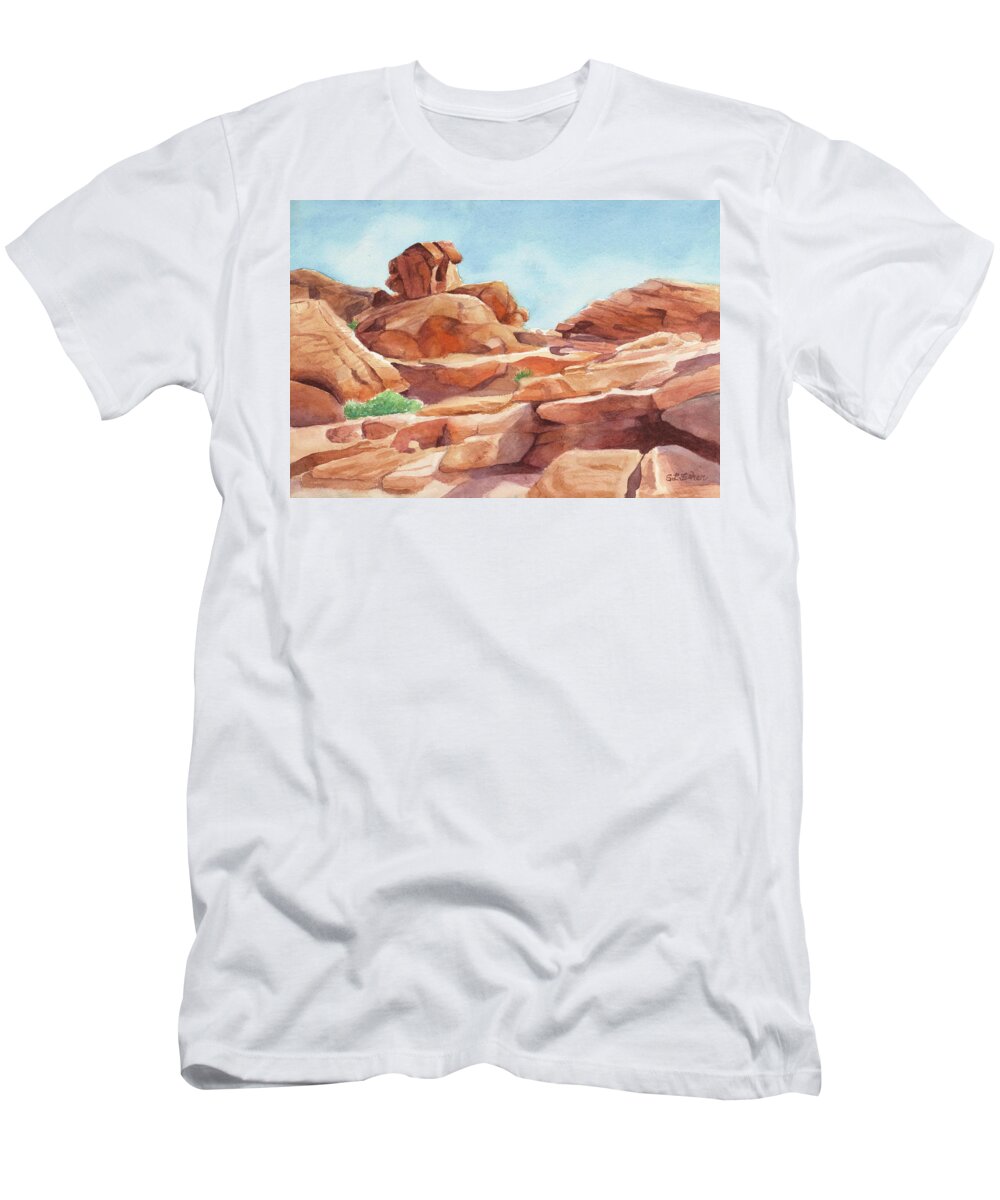 Red Rocks T-Shirt featuring the painting Rock Away by Sandy Fisher