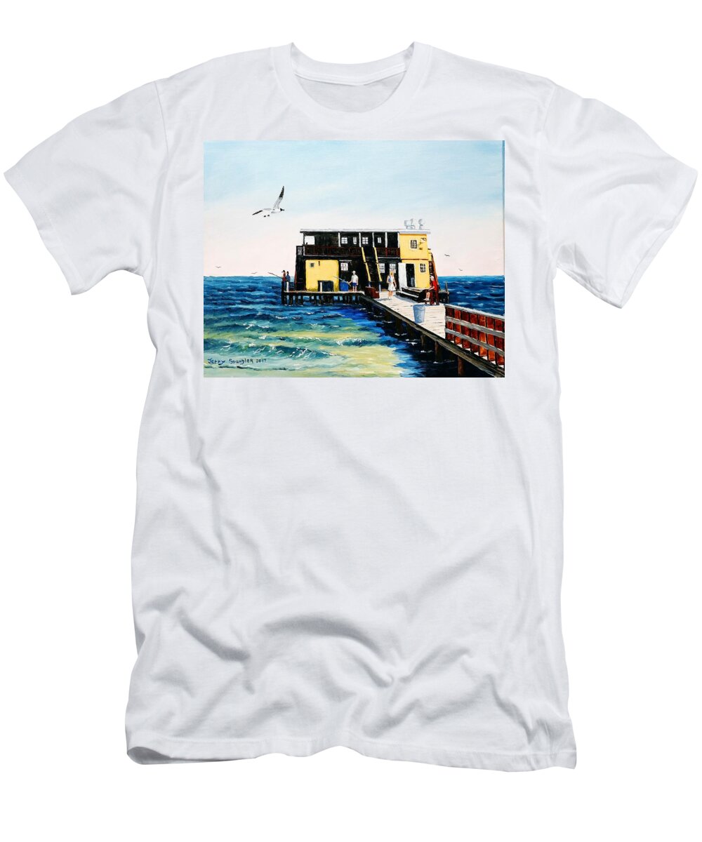 Fishing Pier T-Shirt featuring the painting Rod and Reel Fishing Pier by Jerry SPANGLER