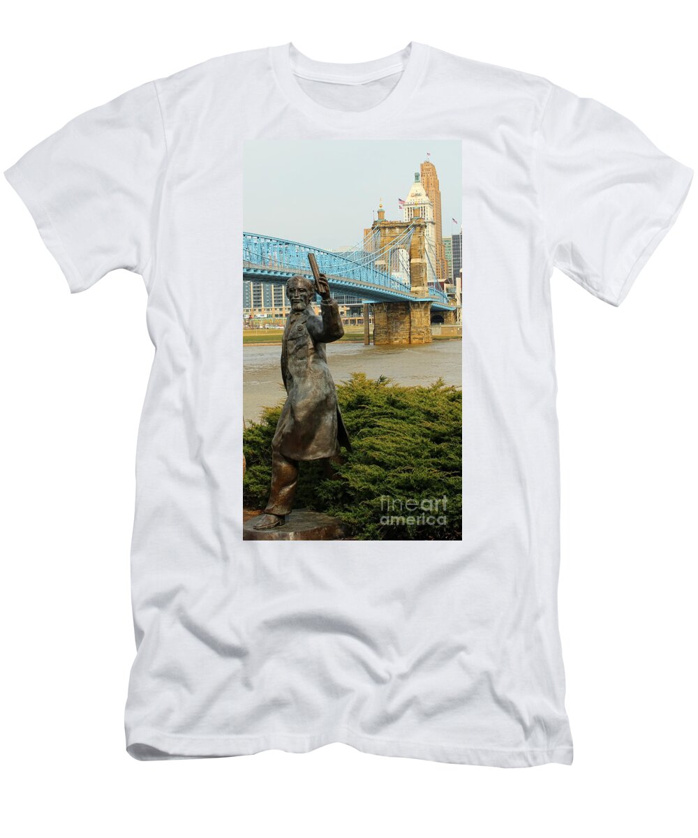 Cincinnati Ohio T-Shirt featuring the photograph Roebling and his Bridge 1962 by Jack Schultz