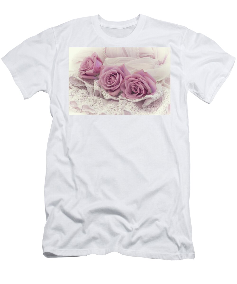 Roses T-Shirt featuring the photograph Roses And Beaded Lace by Sandra Foster
