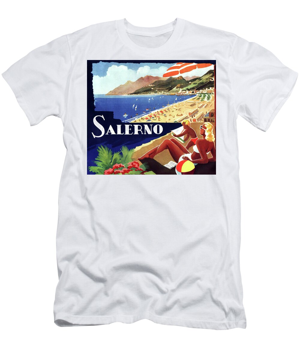 Salerno T-Shirt featuring the painting Salerno beach, Italy, vintage travel poster by Long Shot
