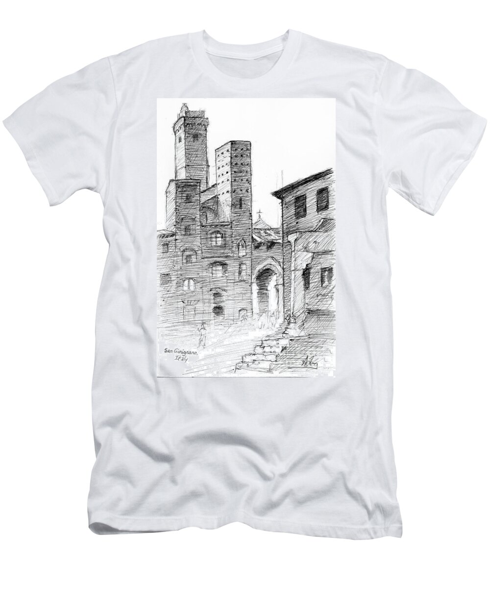Adam Long T-Shirt featuring the drawing San Gimignano towers in Italy pen and ink drawing by Adam Long