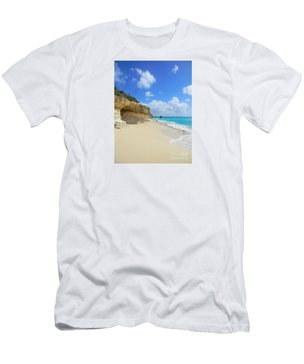 Bright Blue Sky With Small White Puffy Clouds T-Shirt featuring the photograph Sand Sea and sky by Priscilla Batzell Expressionist Art Studio Gallery