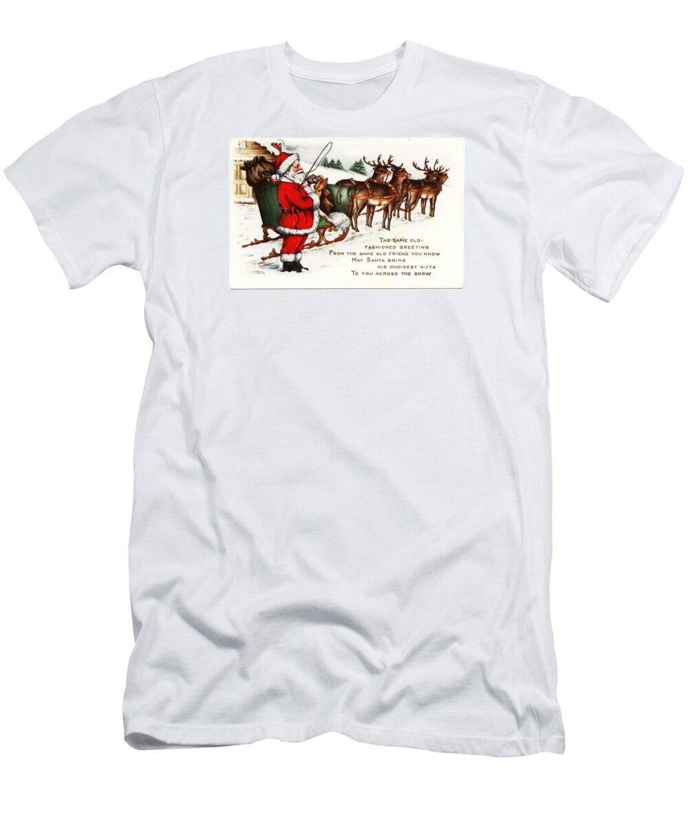 Santa And His Reindeer Greetings Merry Christmas T-Shirt featuring the painting Santa and his reindeer greetings merry christmas by Vintage Collectables