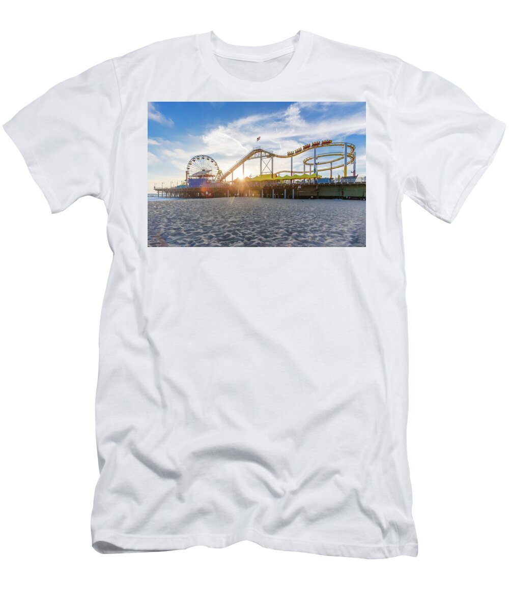 Santa Monica Pier T-Shirt featuring the photograph Santa Monica Pier Roller Coaster On Top by Scott Campbell