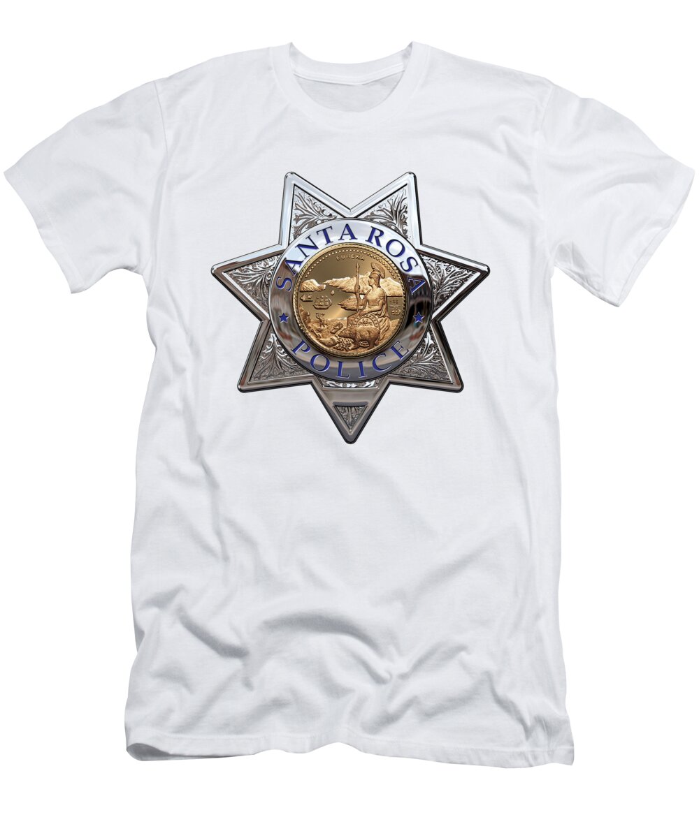 'law Enforcement Insignia & Heraldry' Collection By Serge Averbukh T-Shirt featuring the digital art Santa Rosa Police Department Badge over White Leather by Serge Averbukh