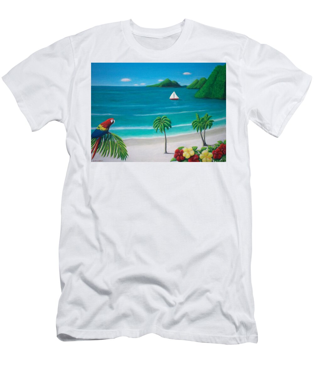Scarlet Macaw T-Shirt featuring the painting Scarlet Macaw at a Tropical Beach by David Straughan