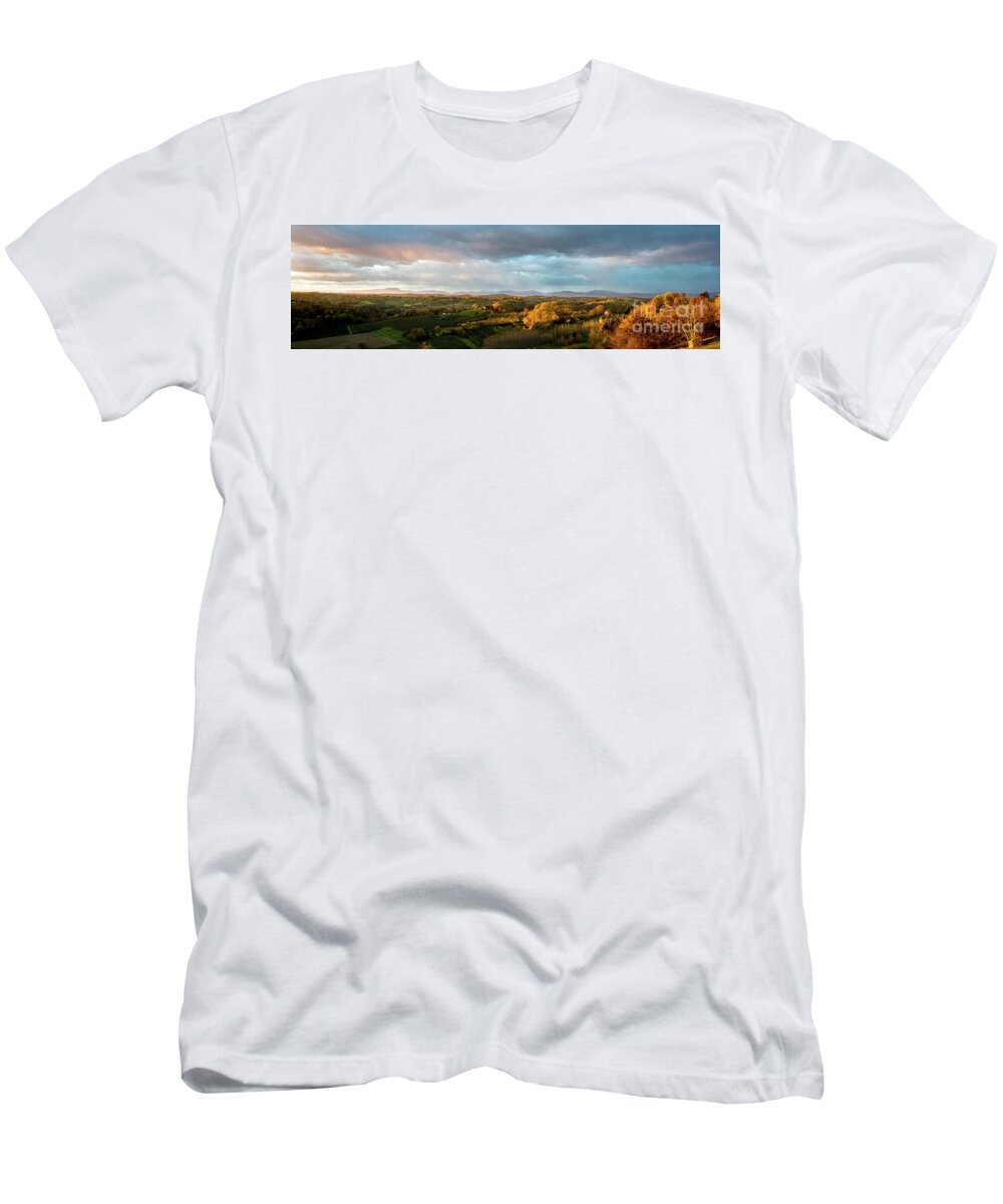 Landscape T-Shirt featuring the photograph Scenic Autumnal Landscape at Sunset in Austria by Andreas Berthold