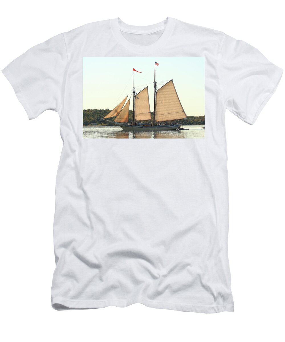 Seascape T-Shirt featuring the photograph Schooner Heritage Leaving Port by Doug Mills