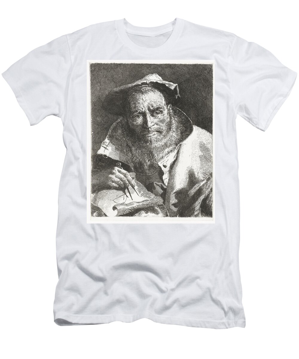 Scientist With Beret On Head And Compass In Hand T-Shirt featuring the painting Scientist with beret on head and compass in hand Giovanni Domenico Tiepolo after Giovanni Battista by Celestial Images