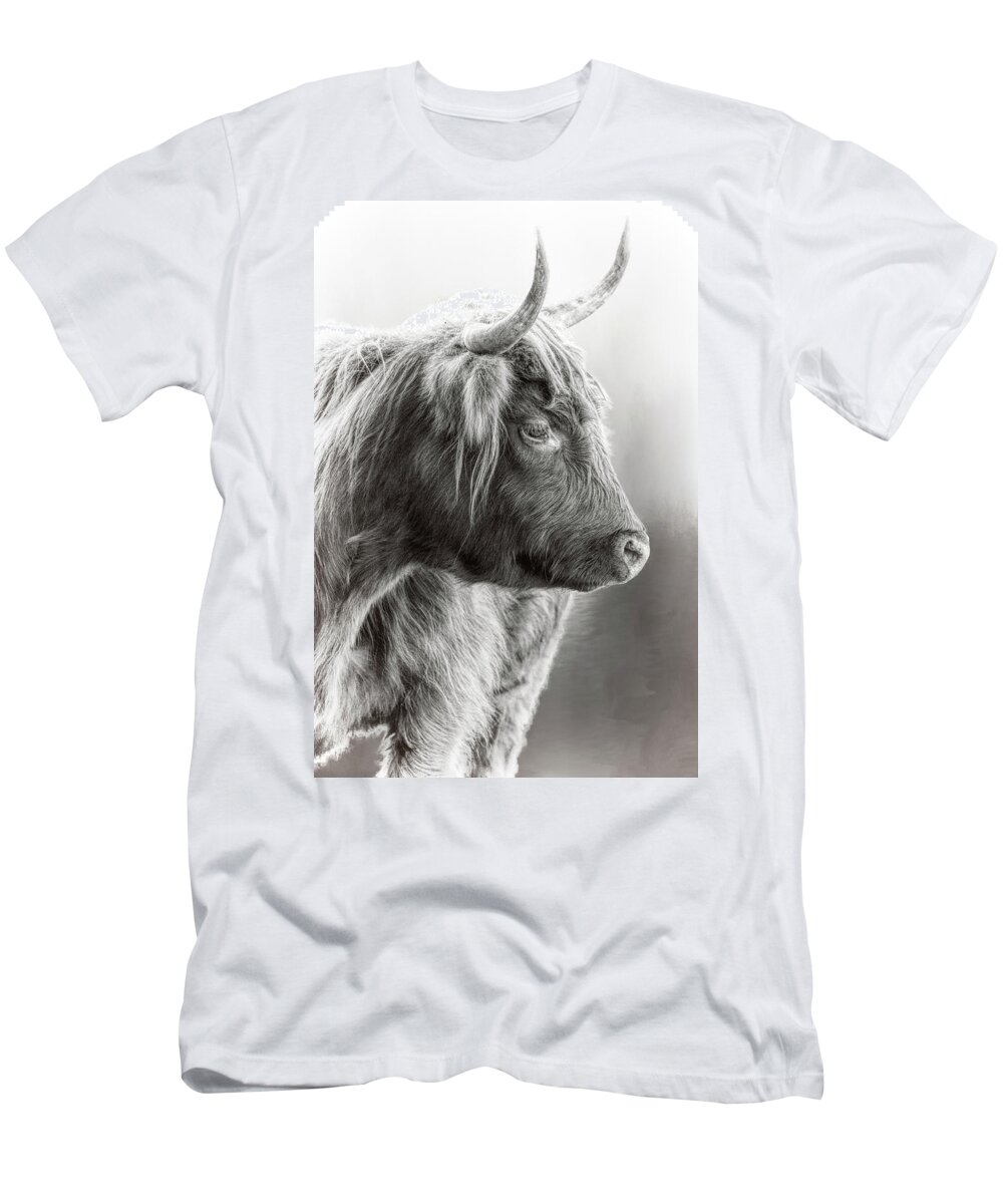 Scottish Highlander Black And White T-Shirt featuring the photograph Scottish Highlander Black and White by Wes and Dotty Weber